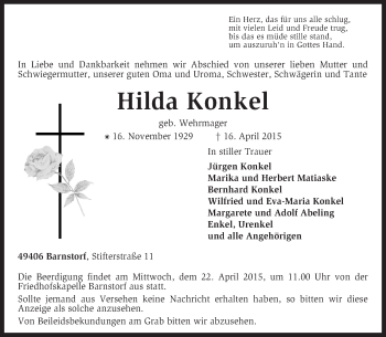 Traueranzeige von Hilda Konkel von KRZ