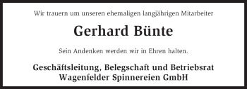 Traueranzeige von Gerhard Bünte von KREISZEITUNG SYKE