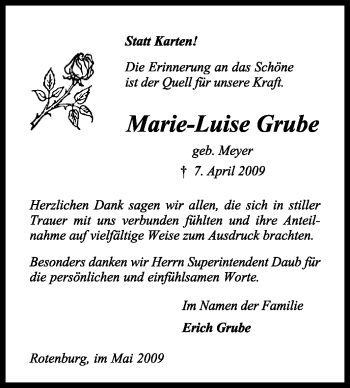 Traueranzeige von Marie-Luise Grube von KREISZEITUNG SYKE