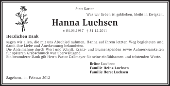 Traueranzeige von Hanna Luehsen von KREISZEITUNG SYKE