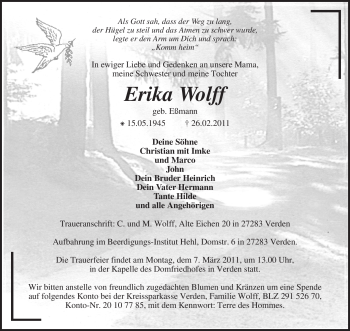 Traueranzeige von Erika Wolff von KREISZEITUNG SYKE