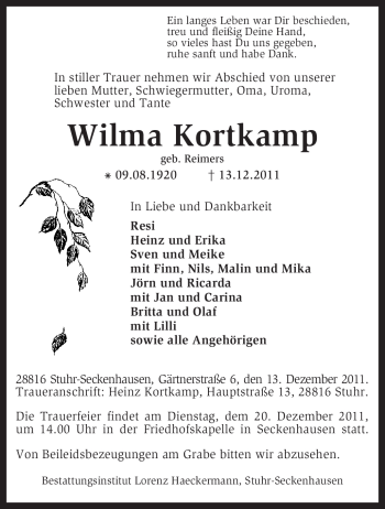 Traueranzeige von Wilma Kortkamp von KREISZEITUNG SYKE