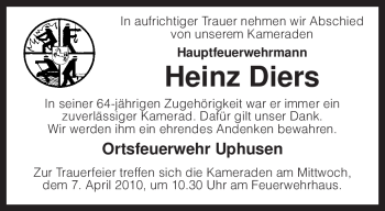 Traueranzeige von Heinz Diers von KREISZEITUNG SYKE