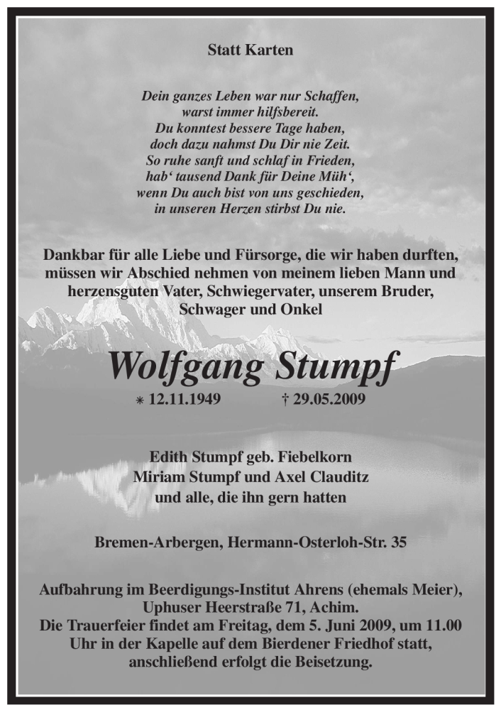  Traueranzeige für Wolfgang Stumpf vom 02.06.2009 aus KREISZEITUNG SYKE