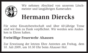 Traueranzeige von Hermann Diercks von KREISZEITUNG SYKE