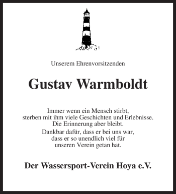 Traueranzeige von Gustav Warmboldt von KREISZEITUNG SYKE