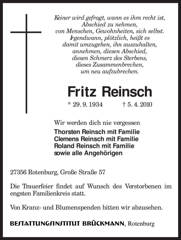  Traueranzeige für Fritz Reinsch vom 08.04.2010 aus KREISZEITUNG SYKE
