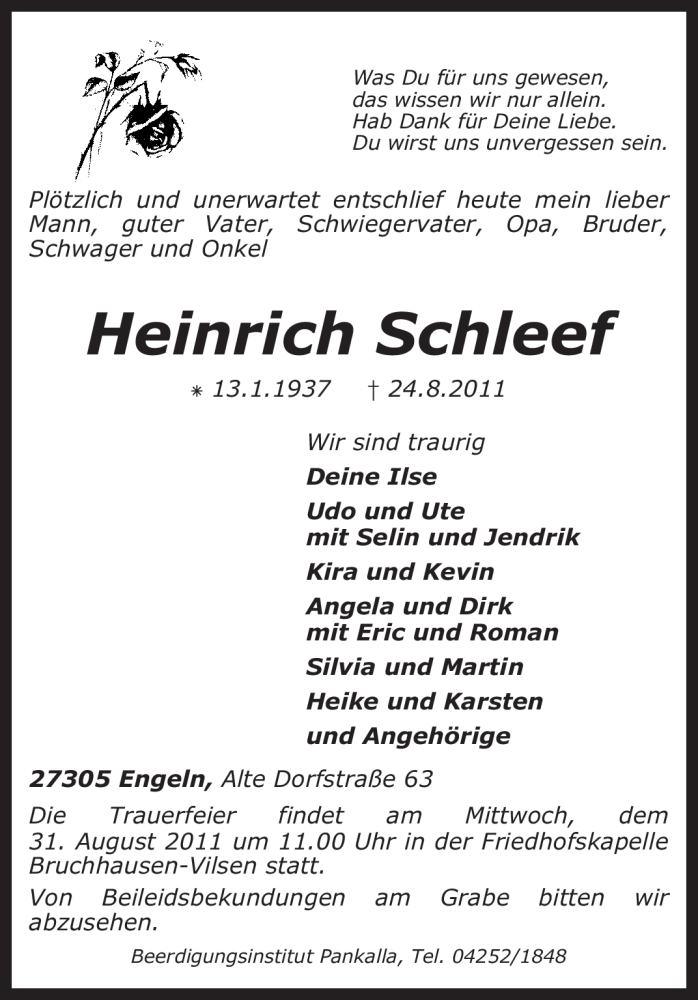  Traueranzeige für Heinrich Schleef vom 27.08.2011 aus KREISZEITUNG SYKE