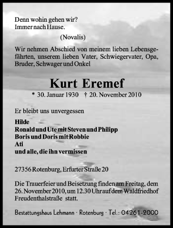 Traueranzeige von Kurt Eremef von KREISZEITUNG SYKE