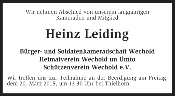 Traueranzeige von Heinz Leiding von KRZ