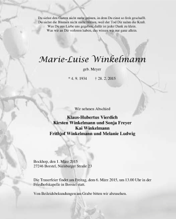 Traueranzeige von Marie-Luise Winkelmann von KRZ