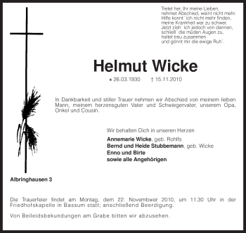 Traueranzeige von Helmut Wicke von KREISZEITUNG SYKE