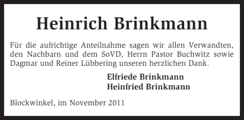 Traueranzeige von Heinrich Brinkmann von KREISZEITUNG SYKE