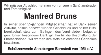 Traueranzeige von Manfred Bruns von KREISZEITUNG SYKE