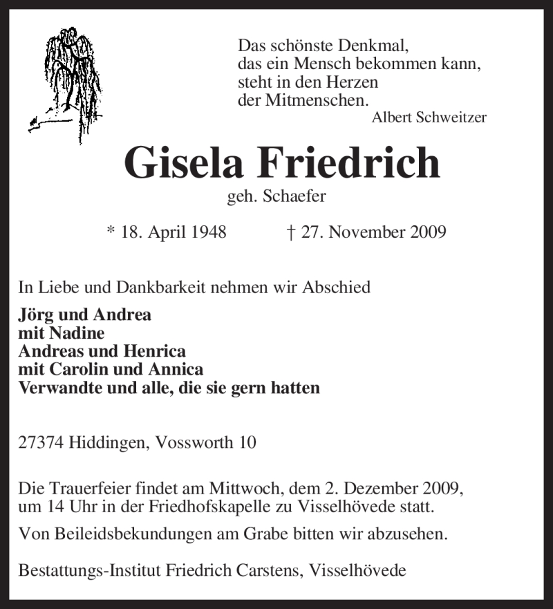  Traueranzeige für Gisela Friedrich vom 30.11.2009 aus KREISZEITUNG SYKE