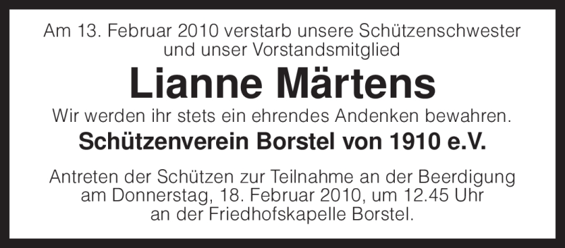  Traueranzeige für Lianne Märtens vom 16.02.2010 aus KREISZEITUNG SYKE