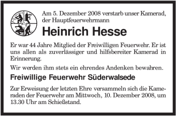 Traueranzeige von Heinrich Hesse von KREISZEITUNG SYKE