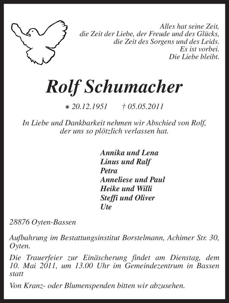  Traueranzeige für Rolf Schumacher vom 07.05.2011 aus KREISZEITUNG SYKE