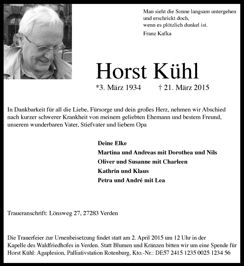  Traueranzeige für Horst Kühl vom 28.03.2015 aus KRZ