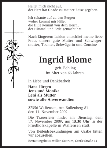 Traueranzeige von Ingrid Blome von KREISZEITUNG SYKE