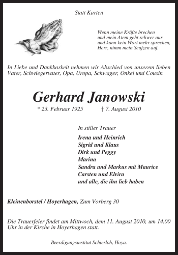 Traueranzeige von Gerhard Janowski von KREISZEITUNG SYKE