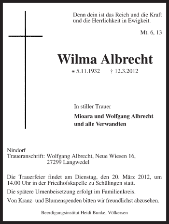 Traueranzeige von Wilma Albrecht von KREISZEITUNG SYKE