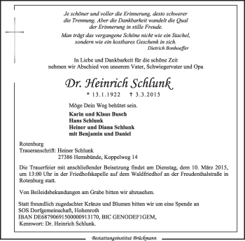 Traueranzeige von Heinrich Schlunk von KRZ