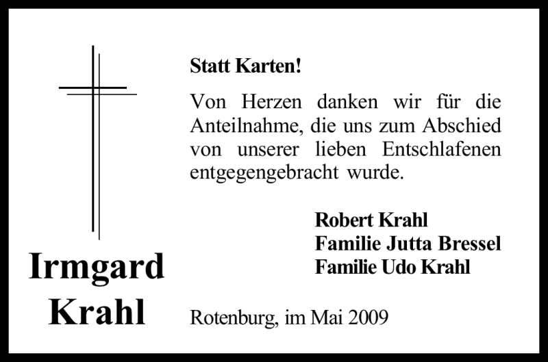  Traueranzeige für Irmgard Krahl vom 11.05.2009 aus KREISZEITUNG SYKE