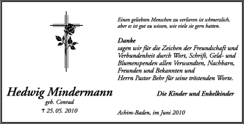 Traueranzeige von Hedwig Mindermann von KREISZEITUNG SYKE