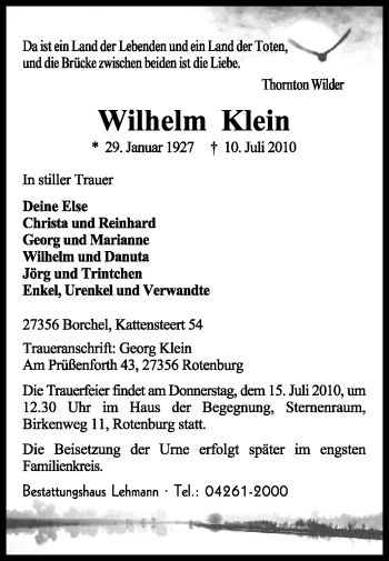 Traueranzeige von Wilhelm Klein von KREISZEITUNG SYKE