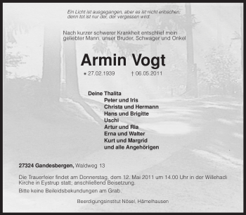 Traueranzeige von Armin Vogt von KREISZEITUNG SYKE