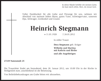 Traueranzeige von Heinrich Stegmann von KREISZEITUNG SYKE