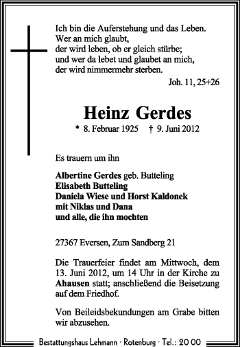 Traueranzeige von Heinz Gerdes von KREISZEITUNG SYKE