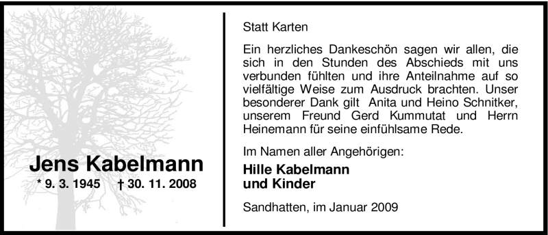  Traueranzeige für Jens Kabelmann vom 03.01.2009 aus KREISZEITUNG SYKE