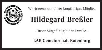 Traueranzeige von Hildegard Breßler von KREISZEITUNG SYKE