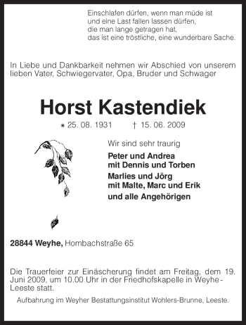 Traueranzeige von Horst Kastendiek von KREISZEITUNG SYKE