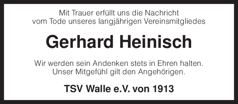  Traueranzeige für Gerhard Heinisch vom 25.01.2011 aus KREISZEITUNG SYKE