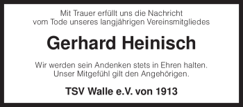 Traueranzeige von Gerhard Heinisch von KREISZEITUNG SYKE