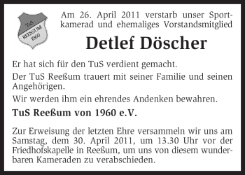 Traueranzeige von Detlef Döscher von KREISZEITUNG SYKE