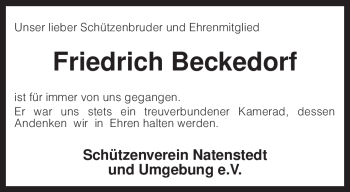 Traueranzeige von Friedrich Beckedorf von KREISZEITUNG SYKE