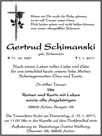 Traueranzeige von Gertrud Schimanski von KREISZEITUNG SYKE