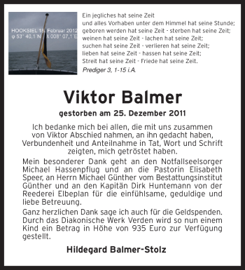 Traueranzeige von Viktor Balmer von KREISZEITUNG SYKE