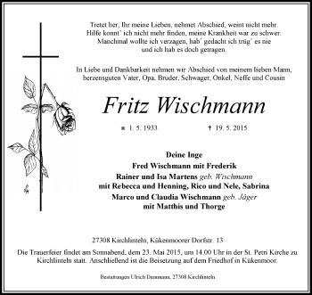 Traueranzeige von Fritz Wischmann von KRZ