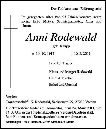 Traueranzeige von Anni Rodewald von KREISZEITUNG SYKE