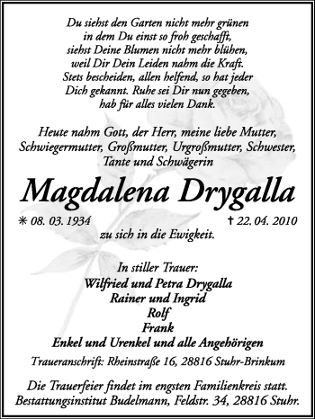 Traueranzeige von Magdalena Drygalla von KREISZEITUNG SYKE