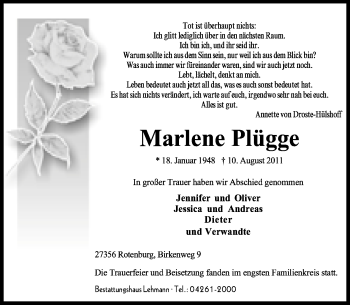 Traueranzeige von Marlene Plügge von KREISZEITUNG SYKE
