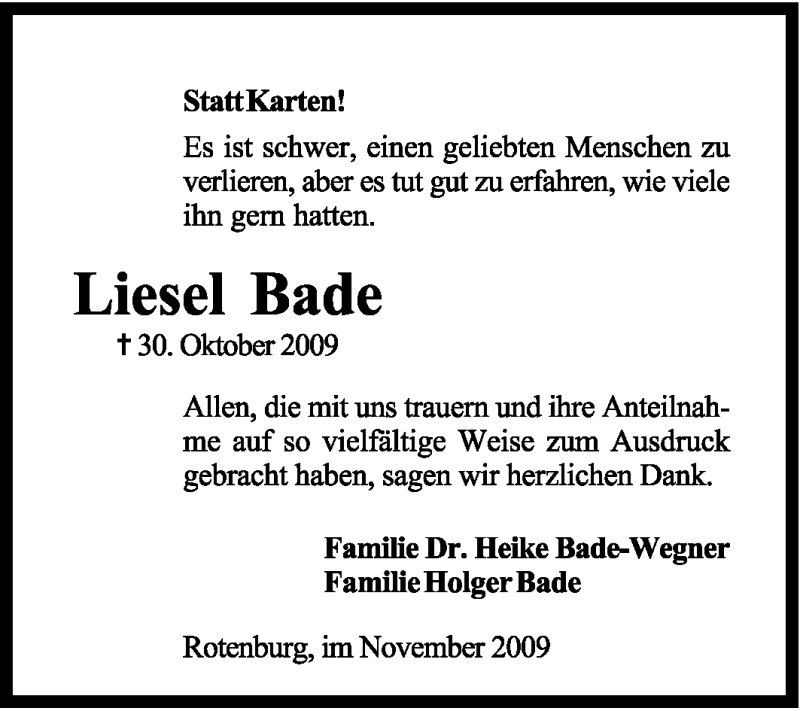  Traueranzeige für Liesel Bade vom 30.11.2009 aus KREISZEITUNG SYKE