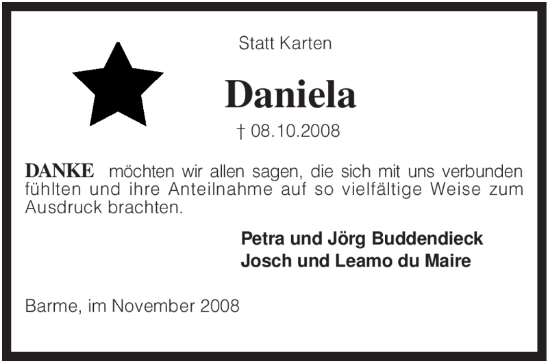  Traueranzeige für Daniela du Maire vom 01.11.2008 aus KREISZEITUNG SYKE