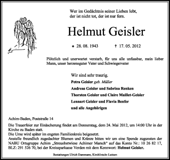 Traueranzeige von Helmut Geisler von KREISZEITUNG SYKE