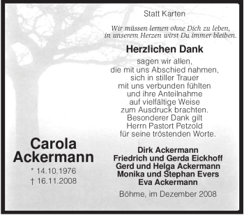 Traueranzeige von Carola Ackermann von KREISZEITUNG SYKE